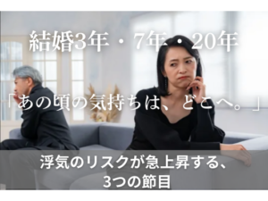 「失うものが、 　　　　　　　　　　　これほど大きいなんて。」「あの頃の気持ちは、どこへ。浮気のリスクが急上昇する、3つの節目